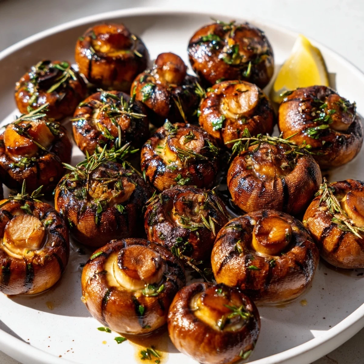 Golden sautéed grilled garlic mushrooms glistening with butter and fresh parsley on a rustic plate.