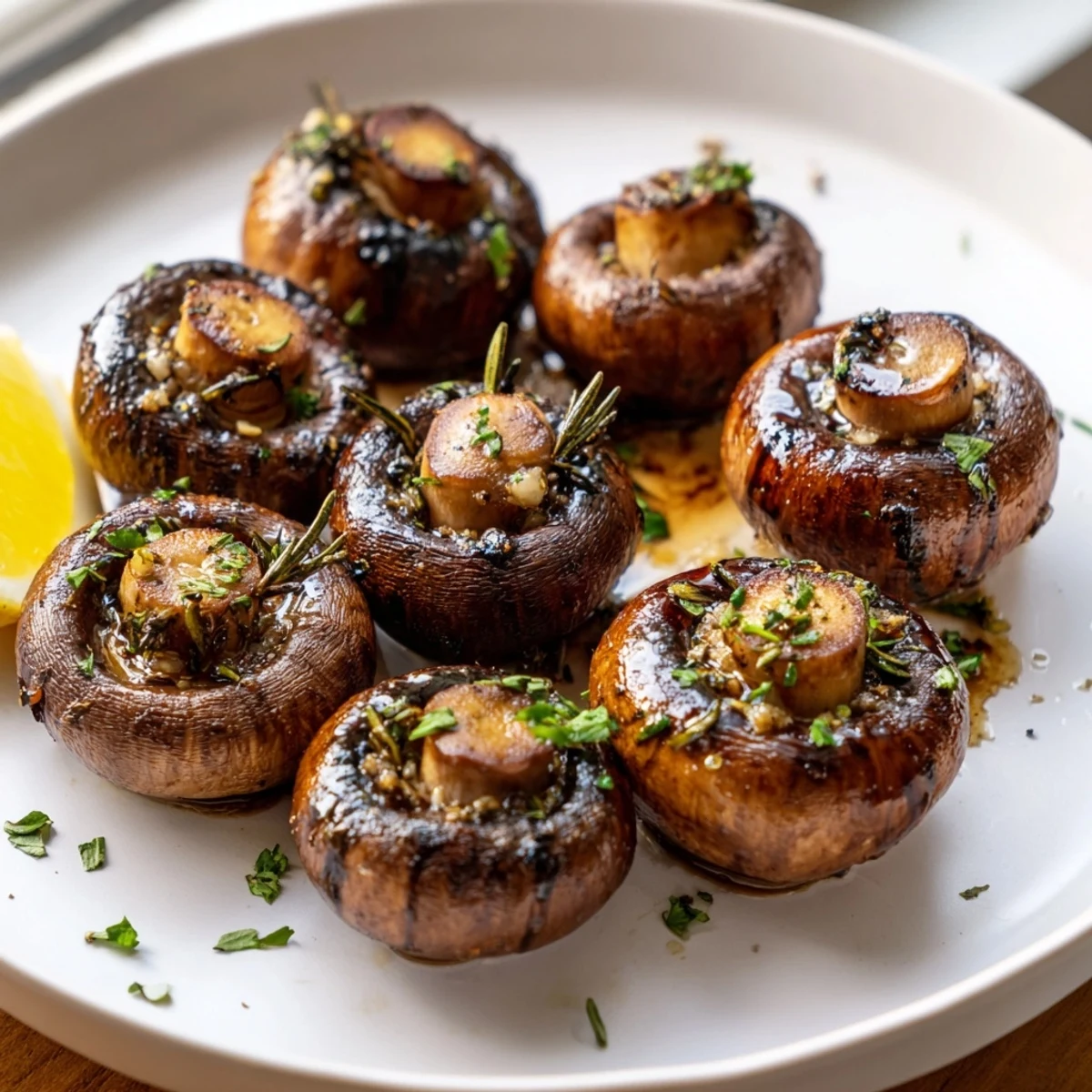 Smoky grilled garlic mushrooms sizzling in a buttery herb skillet with charred edges.