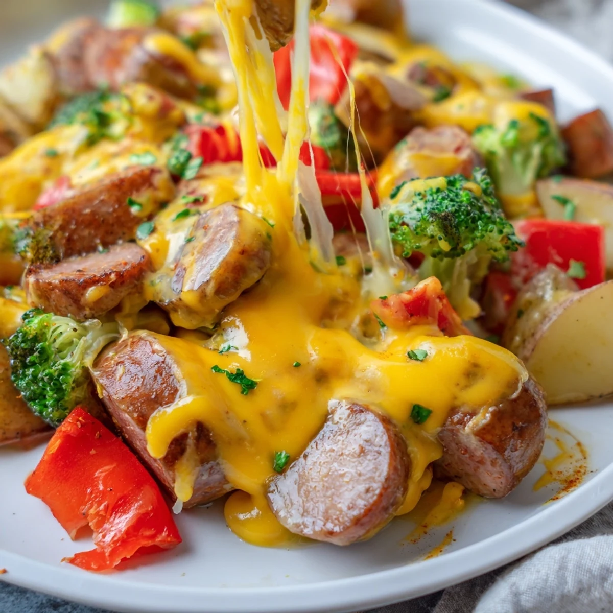 Bubbling cheesy kielbasa skillet with golden potatoes and vibrant broccoli florets