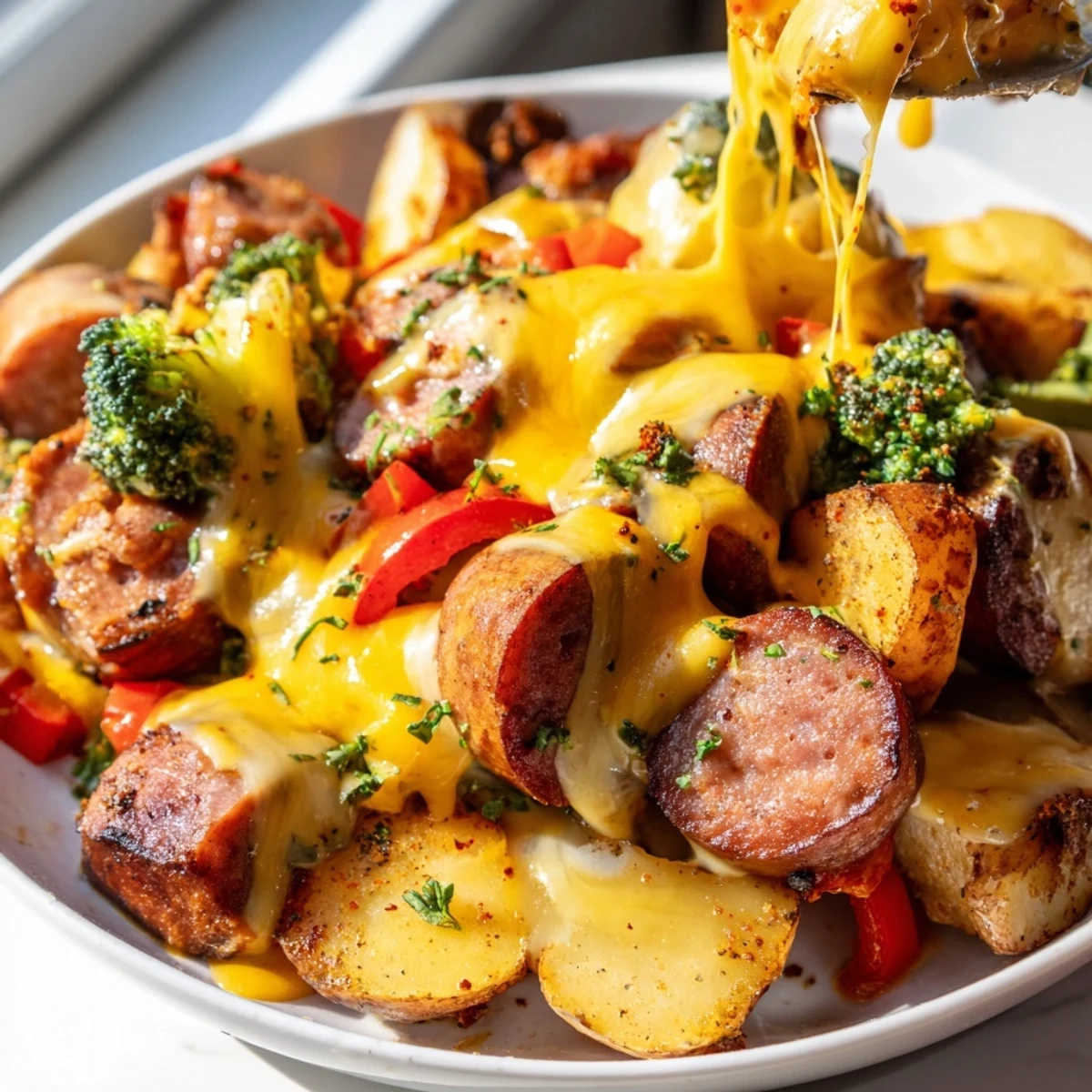 Smoky kielbasa sliced rounds nestled in melted cheddar with tender vegetables