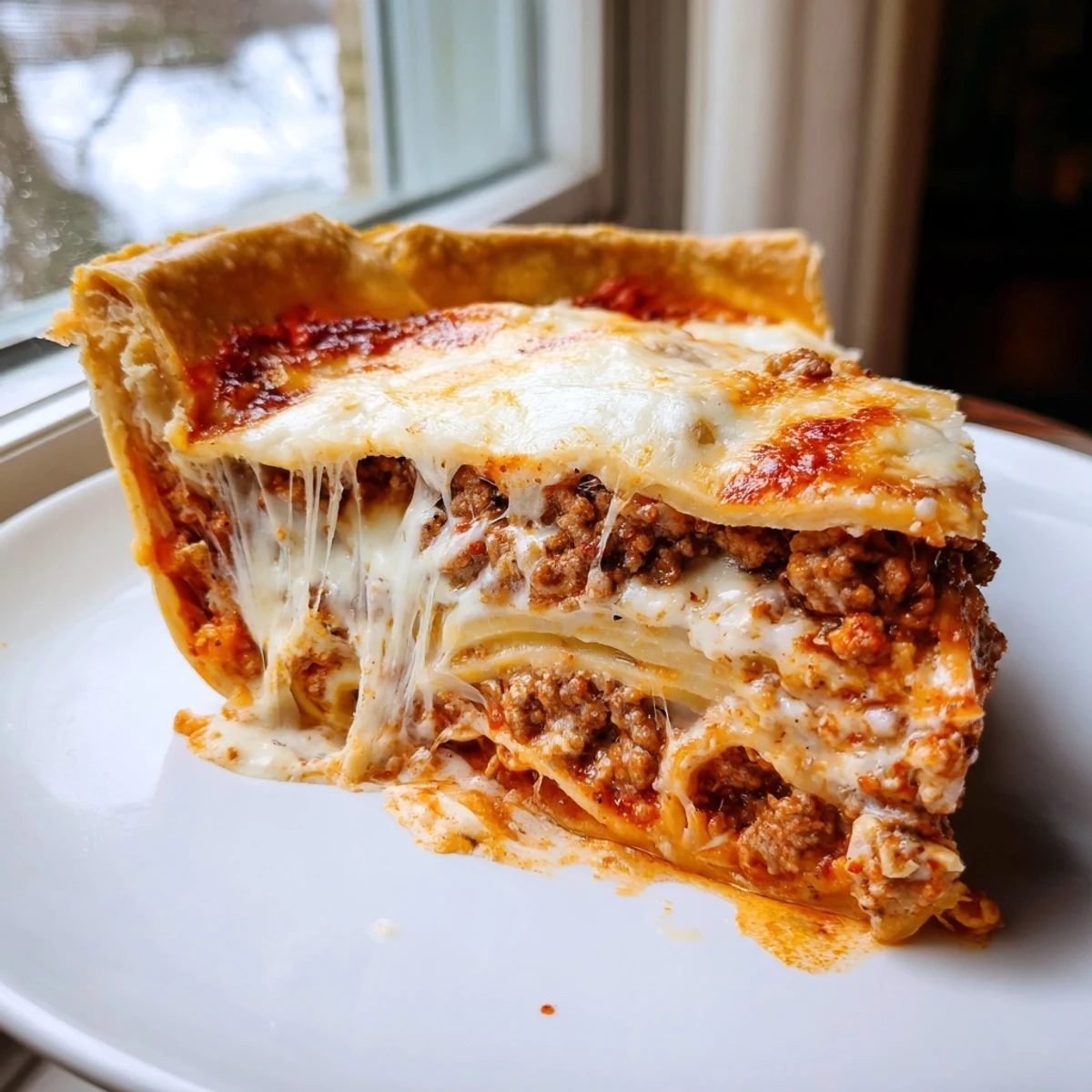 Golden bubbling cheesy lasagna pie sliced to reveal gooey layers of melted cheese and savory meat sauce