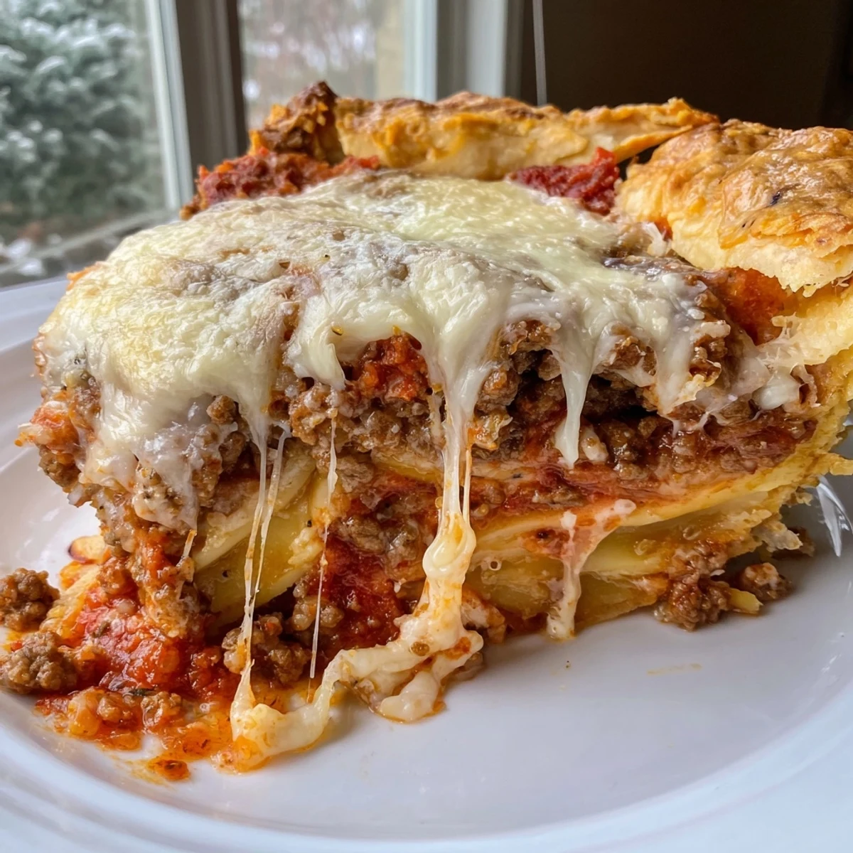 Crusty golden cheesy lasagna pie in a deep dish showing rich ricotta and marinara layers throughout