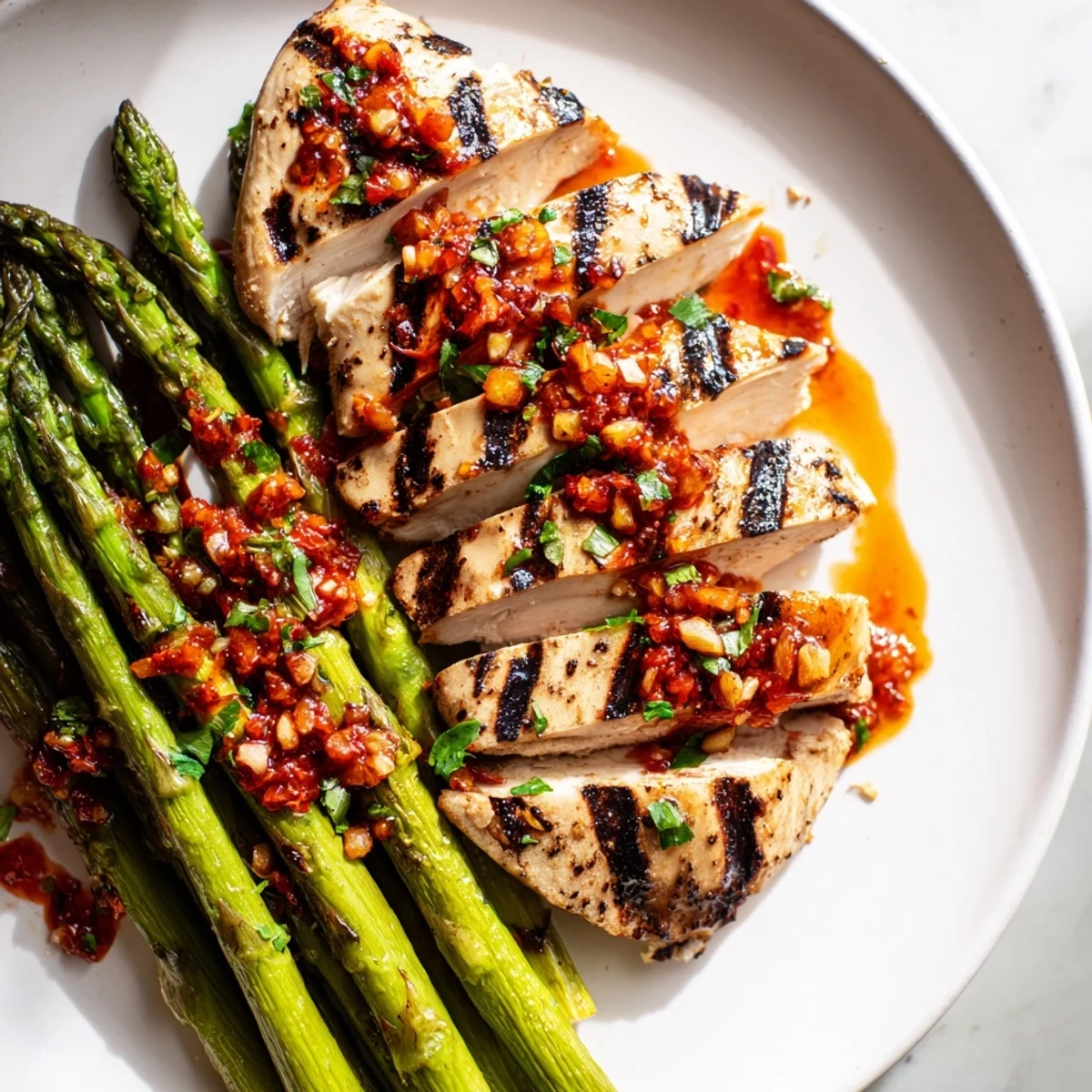 Juicy grilled asparagus chicken topped with vibrant red Calabrian chili sauce on a rustic plate