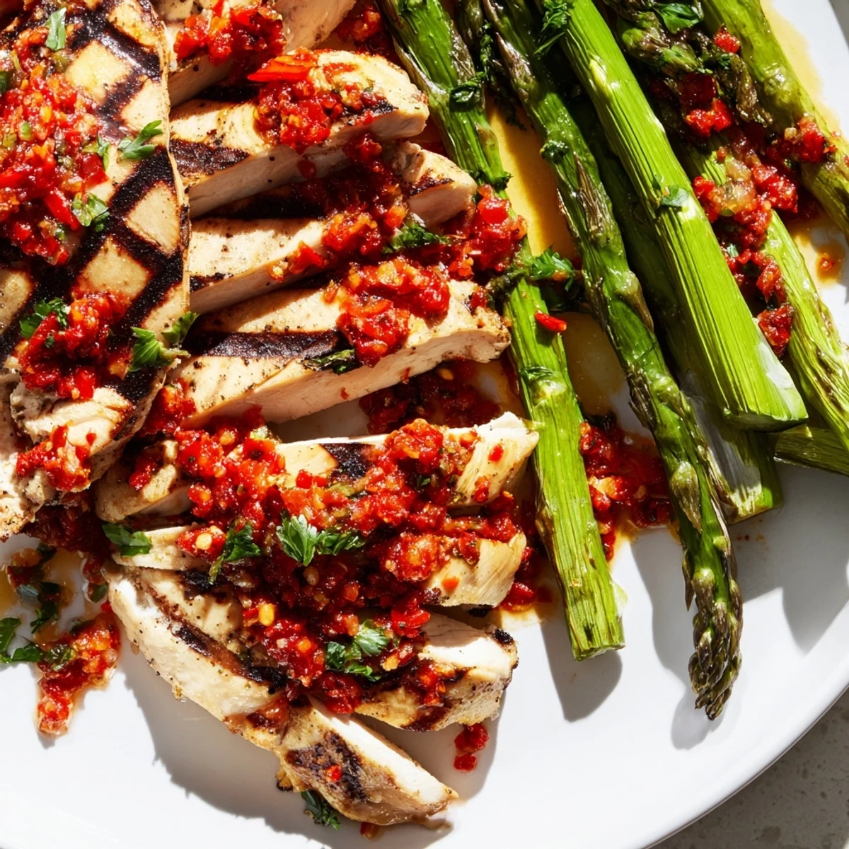 Tender charred asparagus and grilled chicken breasts coated in a glossy Calabrian chili glaze