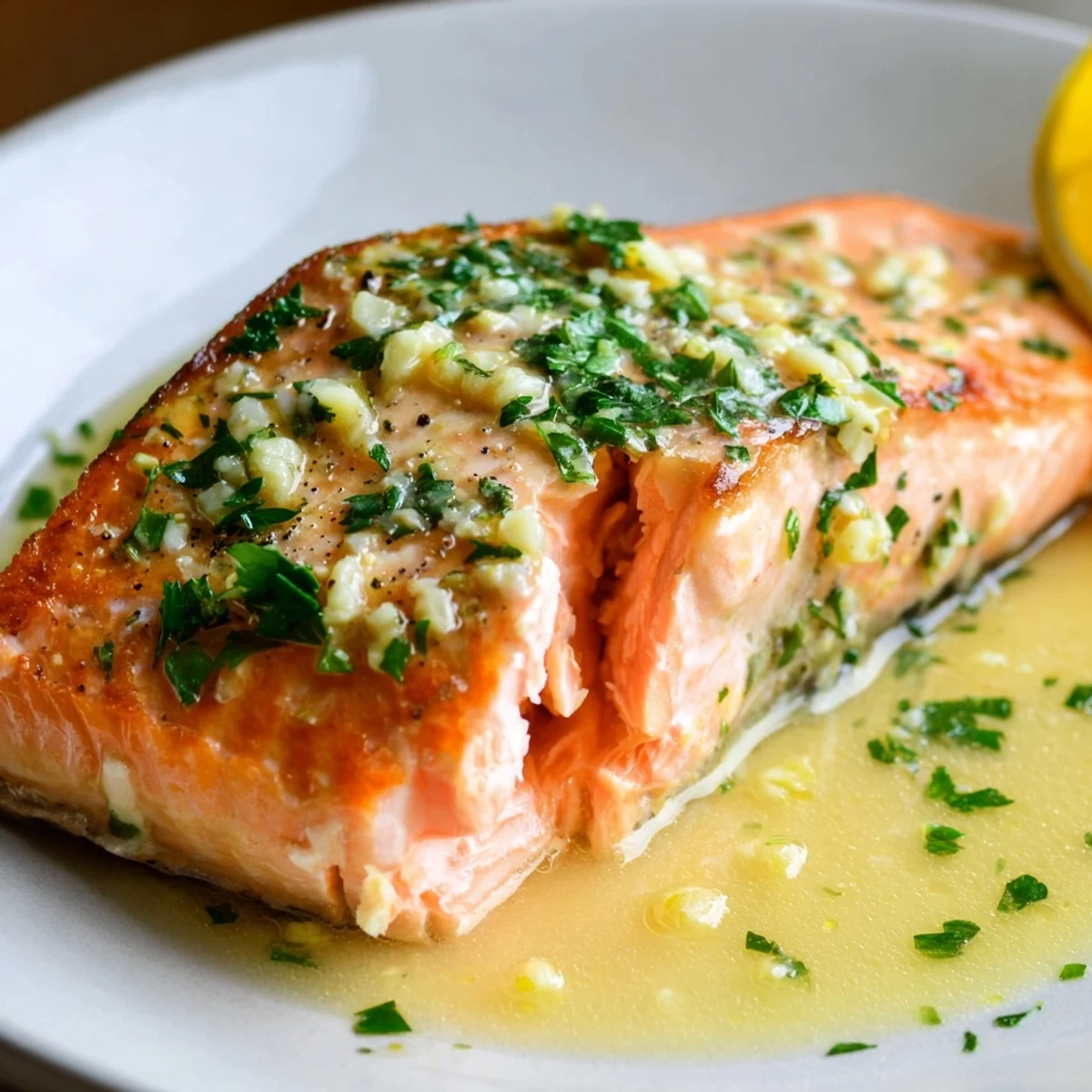 Golden pan-seared garlic butter salmon glistening with melted butter and fresh parsley garnish