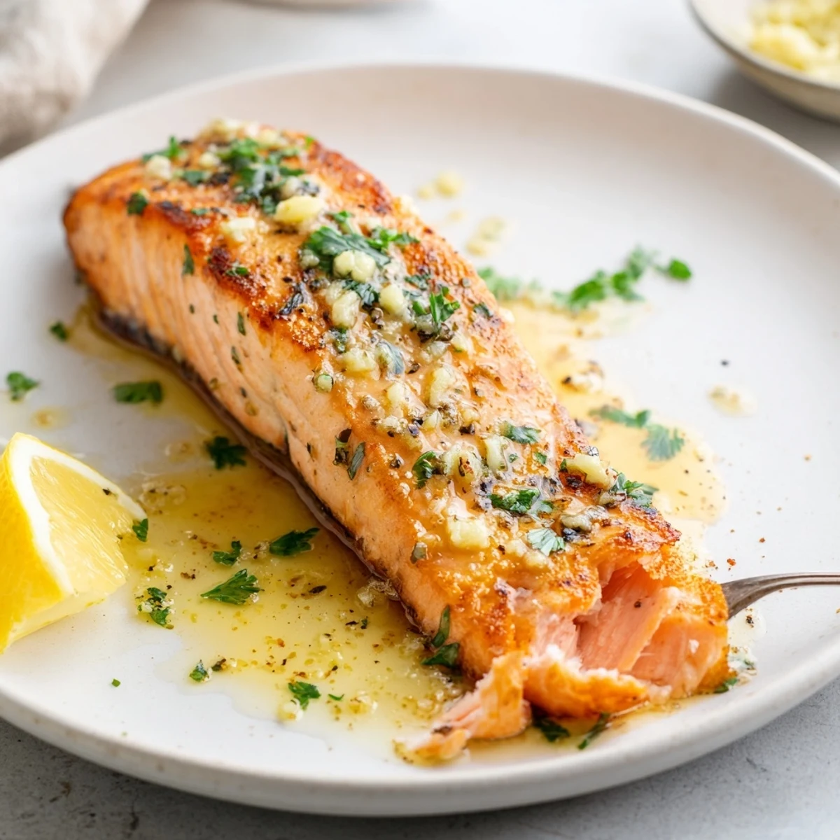 Crispy garlic butter salmon fillets drizzled with rich lemon herb sauce on a white plate