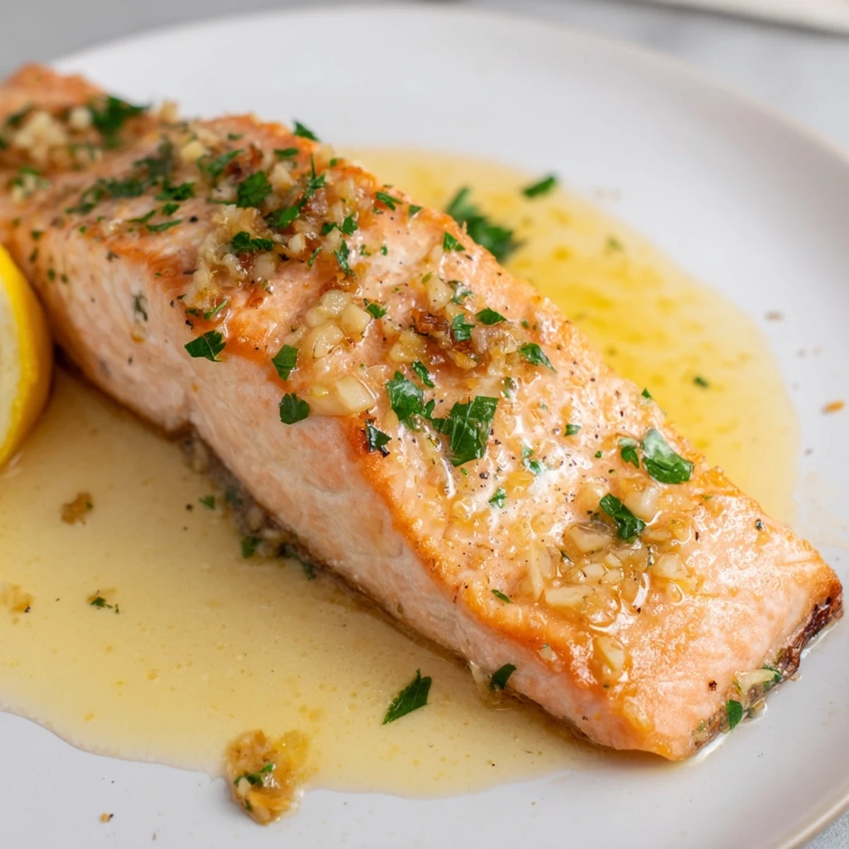 Juicy garlic butter salmon topped with zesty lemon butter sauce served beside steamed vegetables
