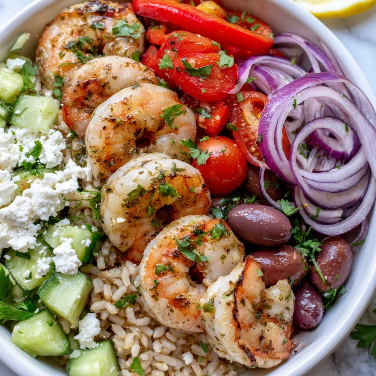 Juicy shrimp nestled atop a colorful Greek shrimp Mediterranean bowl with lemon dressing