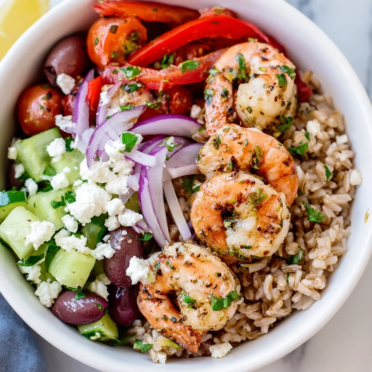 Golden seared Greek shrimp Mediterranean bowl with crumbled feta and roasted red peppers