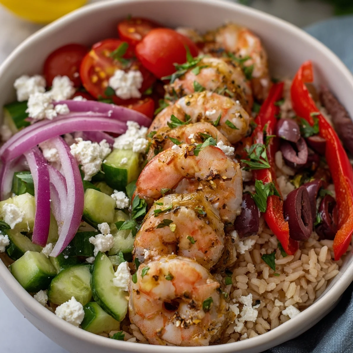 Tangy feta and fresh herbs crown this vibrant Greek shrimp Mediterranean bowl recipe