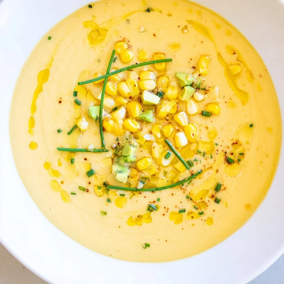 Vibrant yellow summer sweet corn gazpacho topped with diced avocado and a drizzle of olive oil