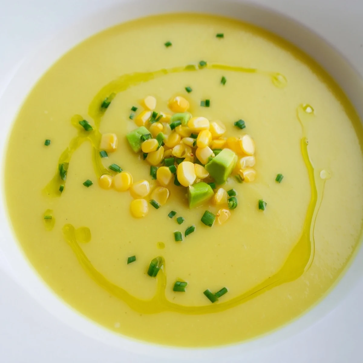 Creamy summer sweet corn gazpacho poured into shallow bowls alongside crusty bread for dipping