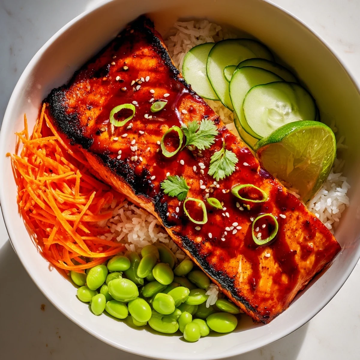 Caramelized sriracha honey glazed salmon bowls with glossy fillets over steamed rice and crisp vegetables
