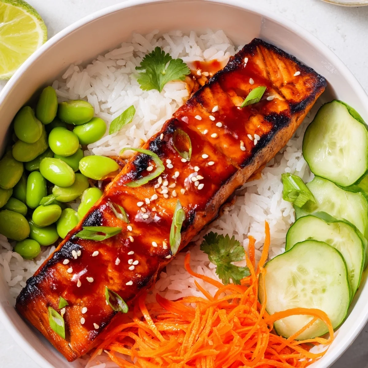 Golden baked sriracha honey glazed salmon bowls garnished with sesame seeds scallions and a lime wedge