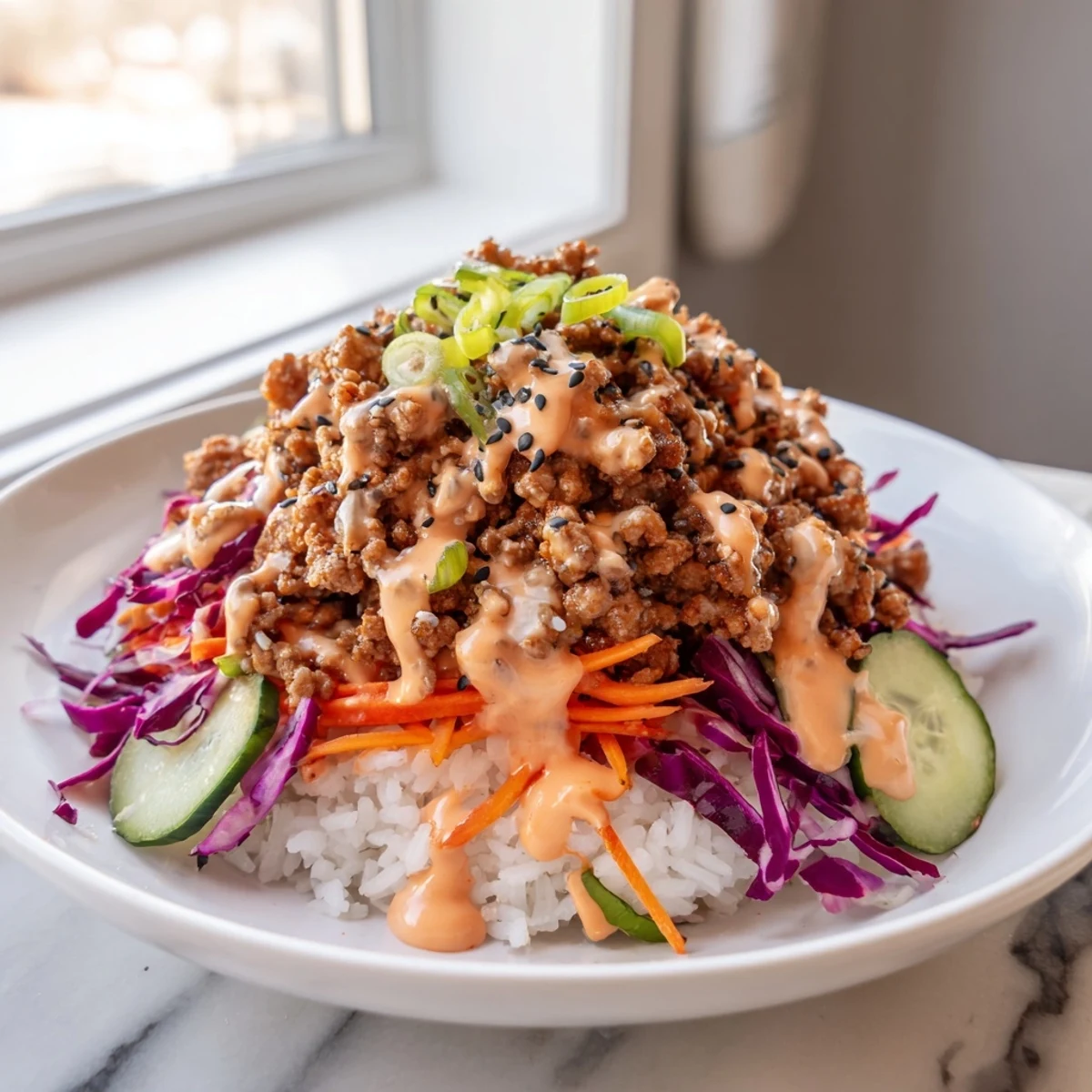 A steaming ground turkey rice bowl topped with vibrant vegetables and drizzled Bang Bang sauce