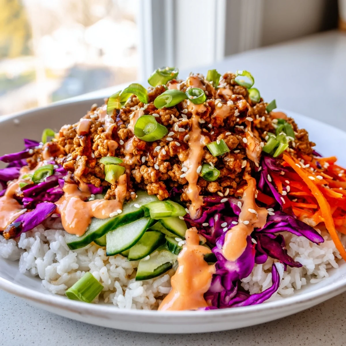 Ground turkey rice bowls with bang bang sauce served over fluffy white jasmine rice