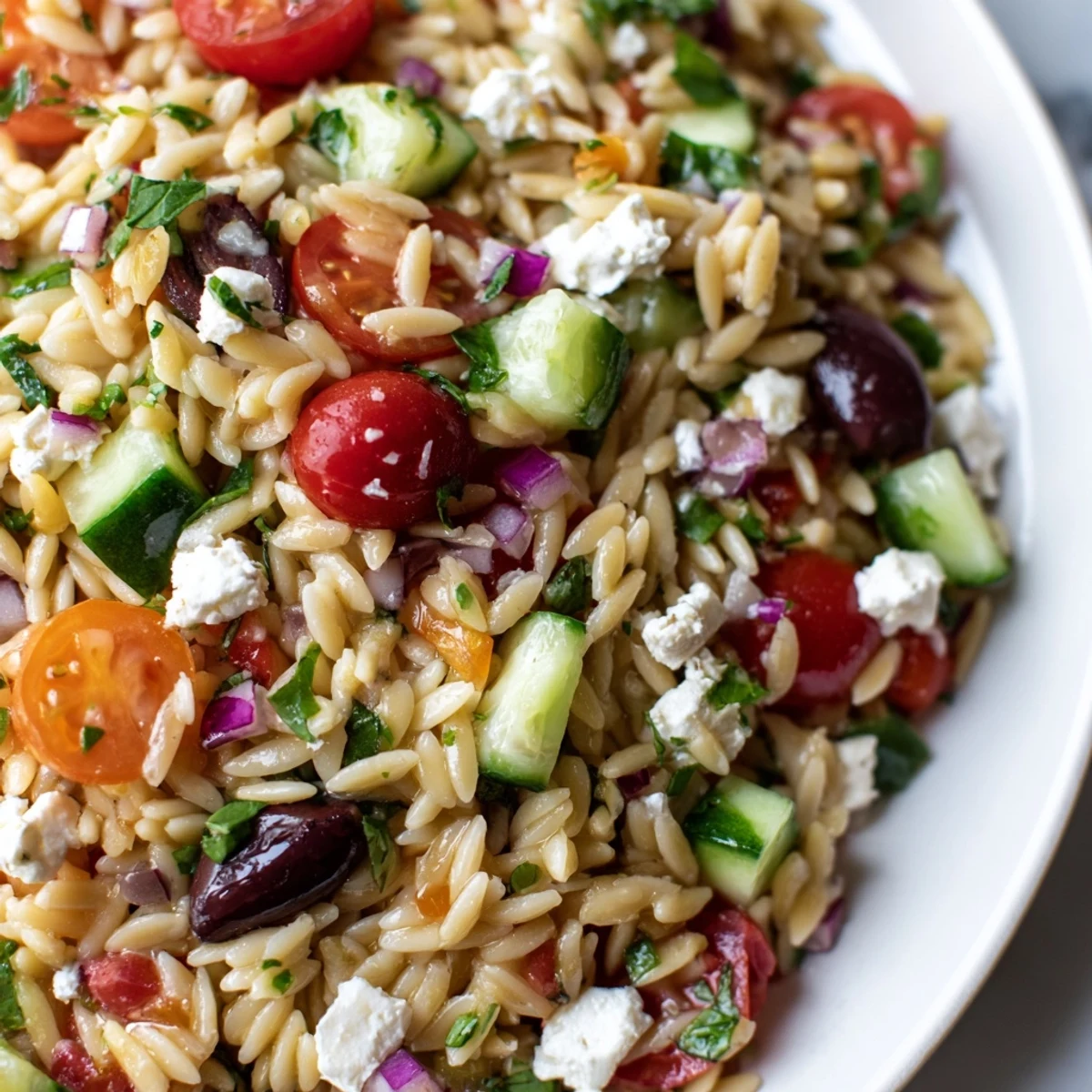 A vibrant Mediterranean Orzo Pasta Salad brimming with colorful diced vegetables and crumbled feta cheese