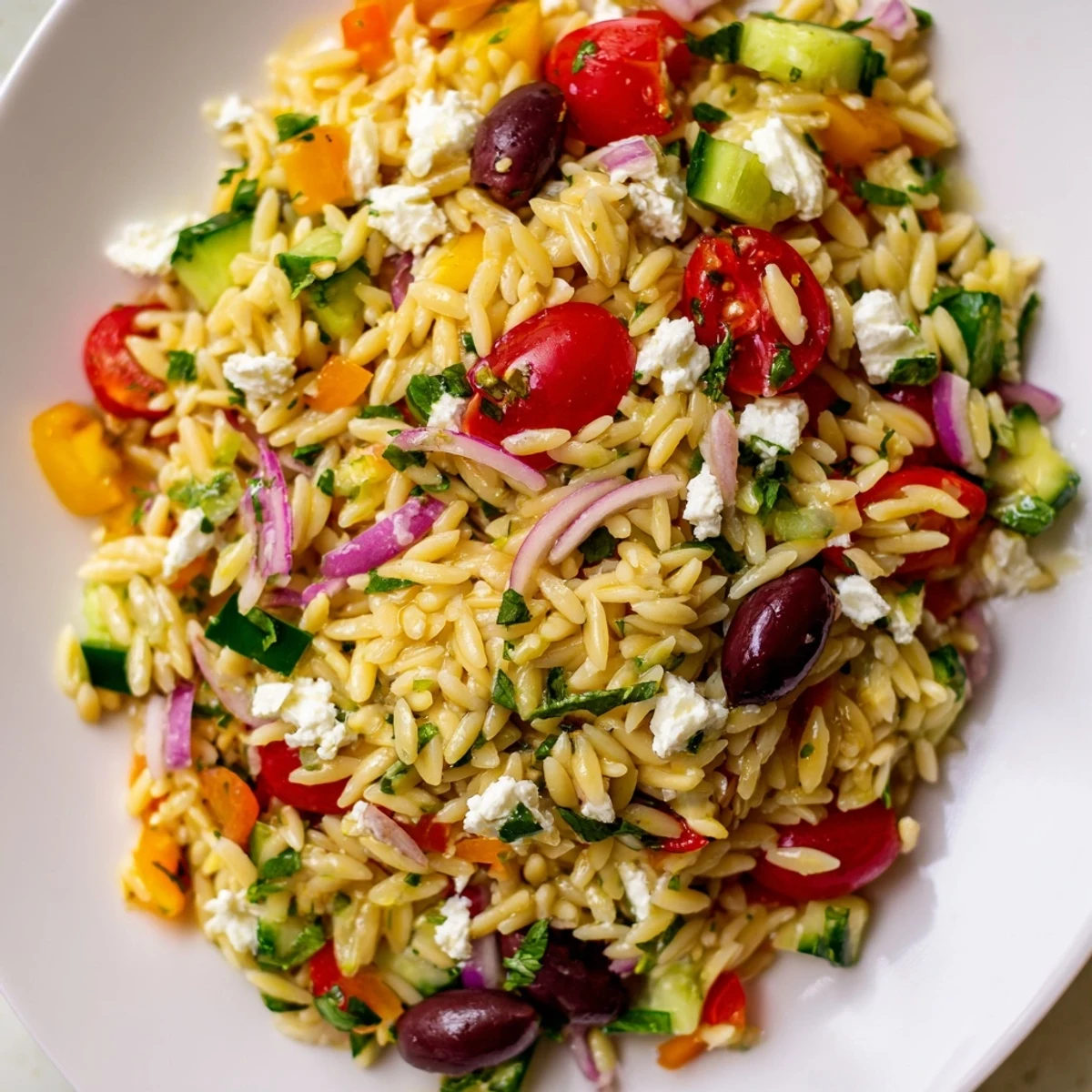 Close-up of Mediterranean Orzo Pasta Salad tossed with fresh herbs and tangy lemon dressing