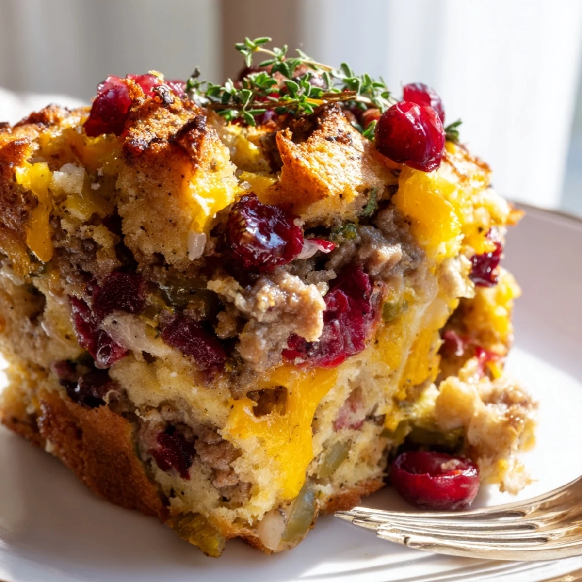 Golden baked cranberry sausage stuffing breakfast casserole with melted cheddar on top