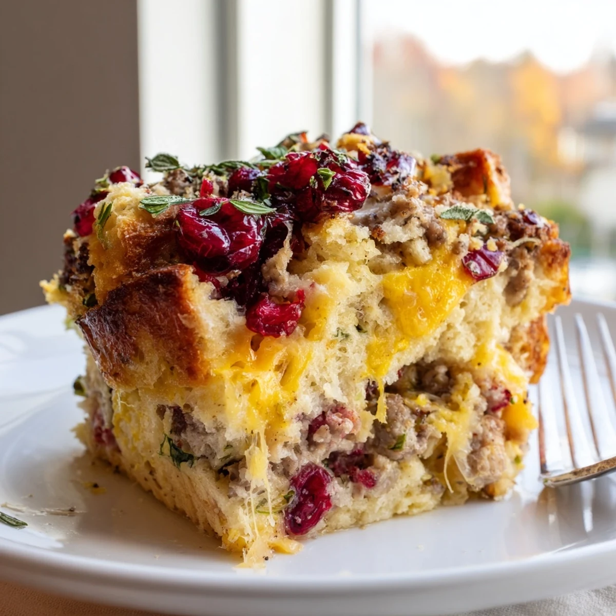 Spoonful of cranberry sausage stuffing breakfast casserole dotted with tart red berries