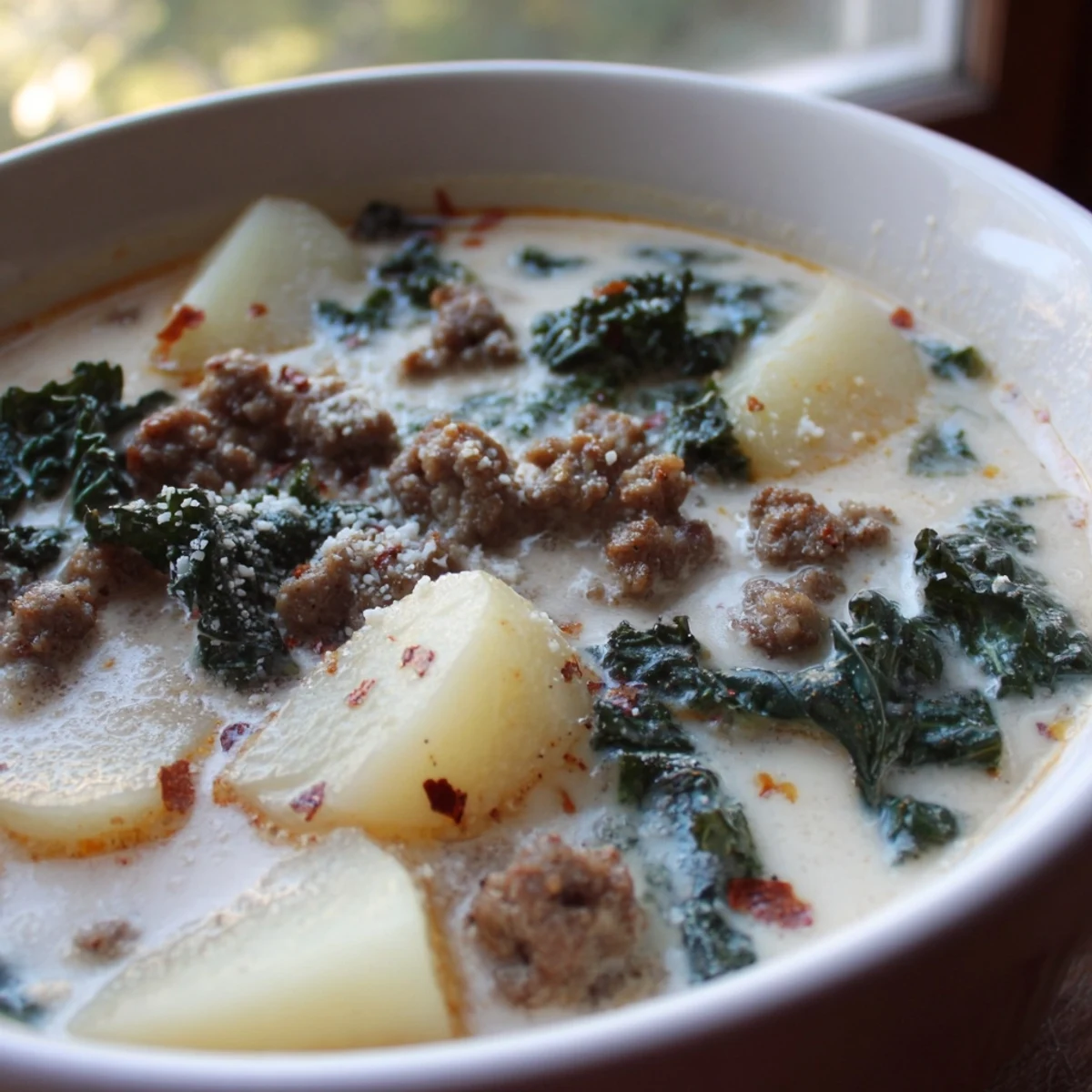 Creamy Zuppa Toscana Soup with sausage, potatoes, and kale in rustic bowls