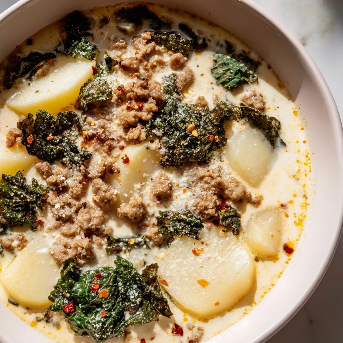 Hearty Zuppa Toscana Soup ladled into bowls topped with Parmesan and crusty bread