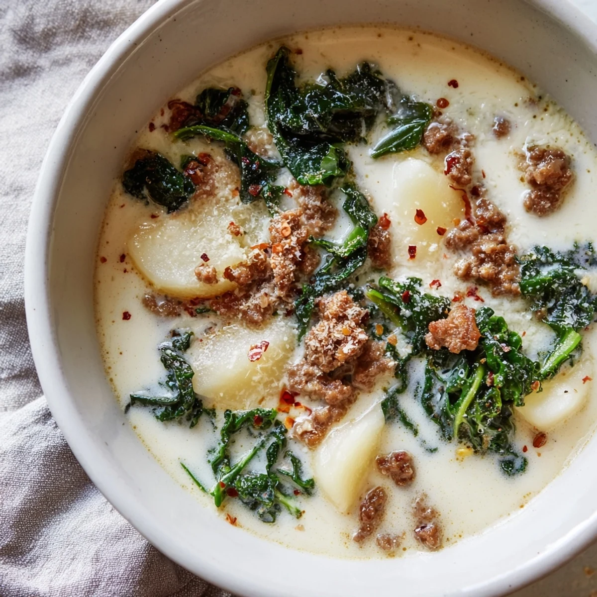 Steaming bowl of Zuppa Toscana Soup featuring crumbled sausage, tender potatoes, and wilted kale