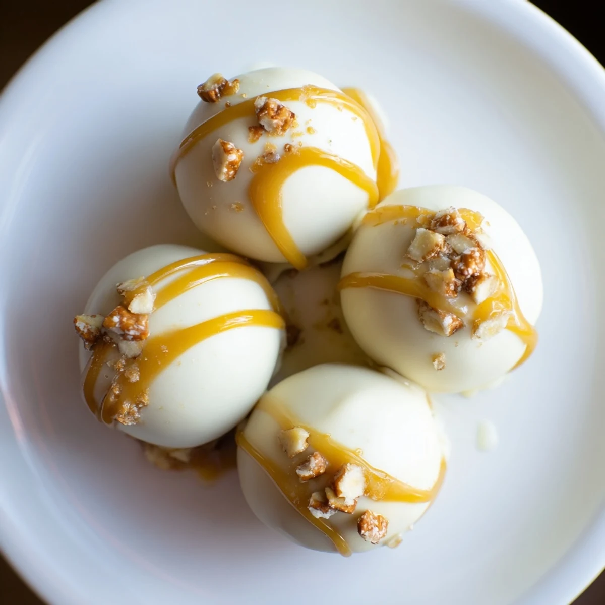 Creamy salted caramel pretzel cheesecake balls coated in chocolate and crushed pretzels