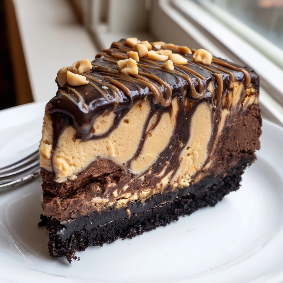 Creamy chocolate peanut butter cheesecake sliced thick on a rustic white plate