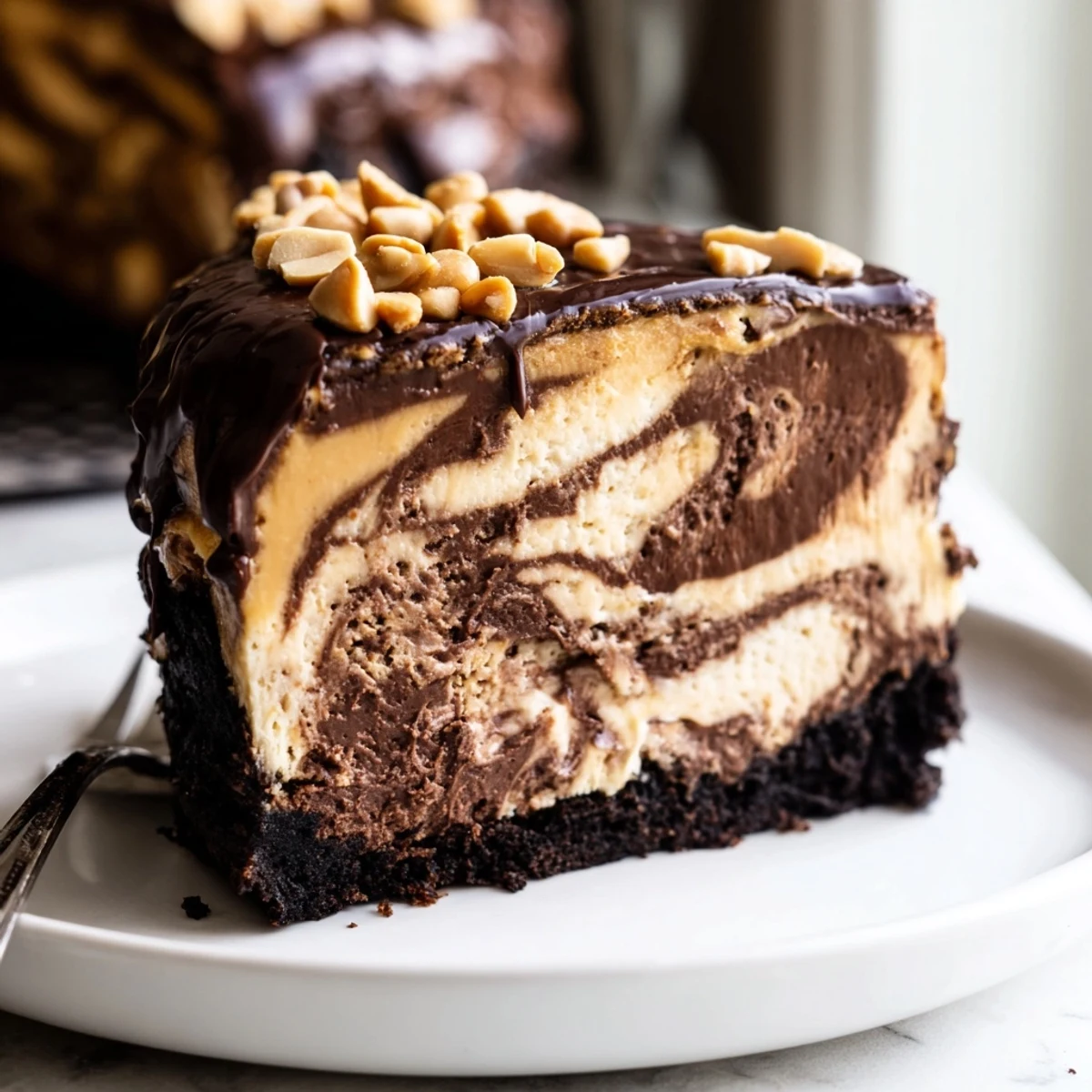 Decadent chocolate peanut butter cheesecake swirled with glossy ganache and chopped peanuts