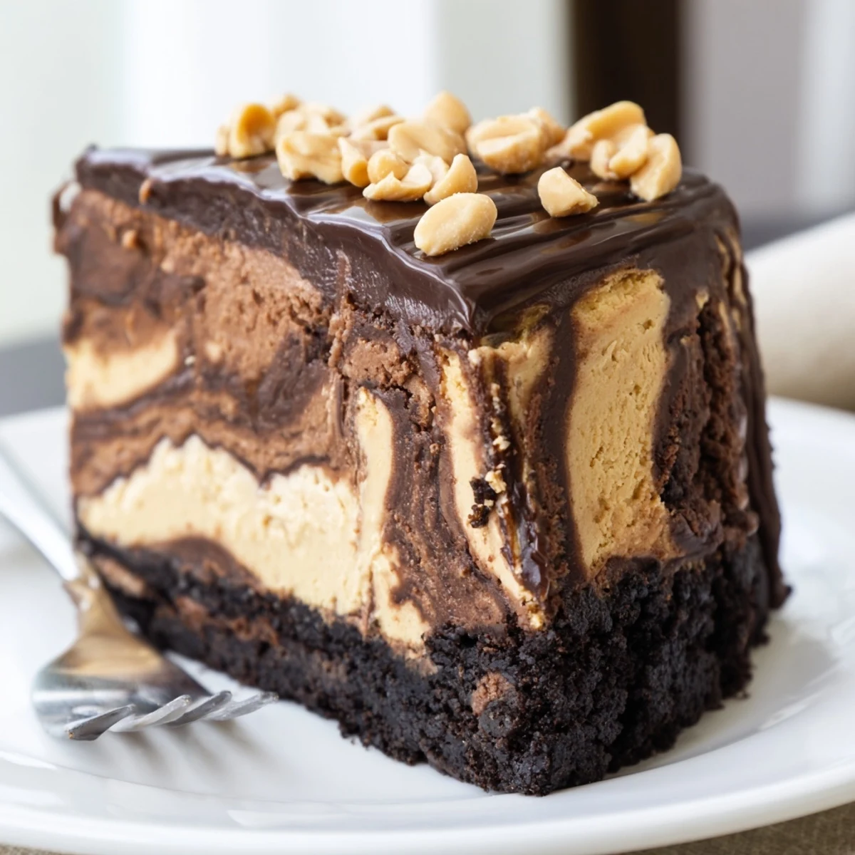 Rich chocolate peanut butter cheesecake crowned with velvety ganaze on a cookie crust