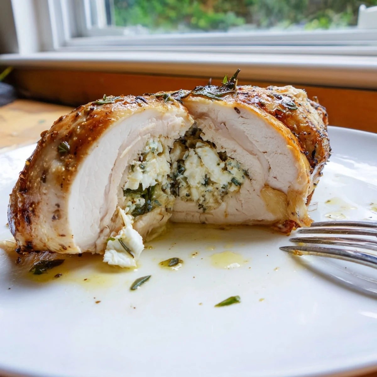 Golden goat cheese chicken sliced open to reveal a creamy herb-stuffed center on a white plate