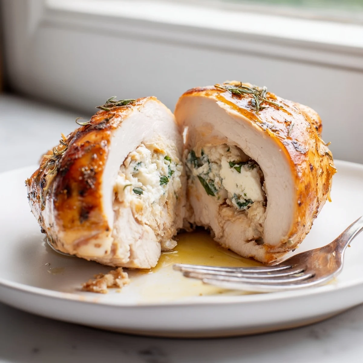 Juicy goat cheese chicken breasts fresh from the oven with crispy golden skin and melted filling
