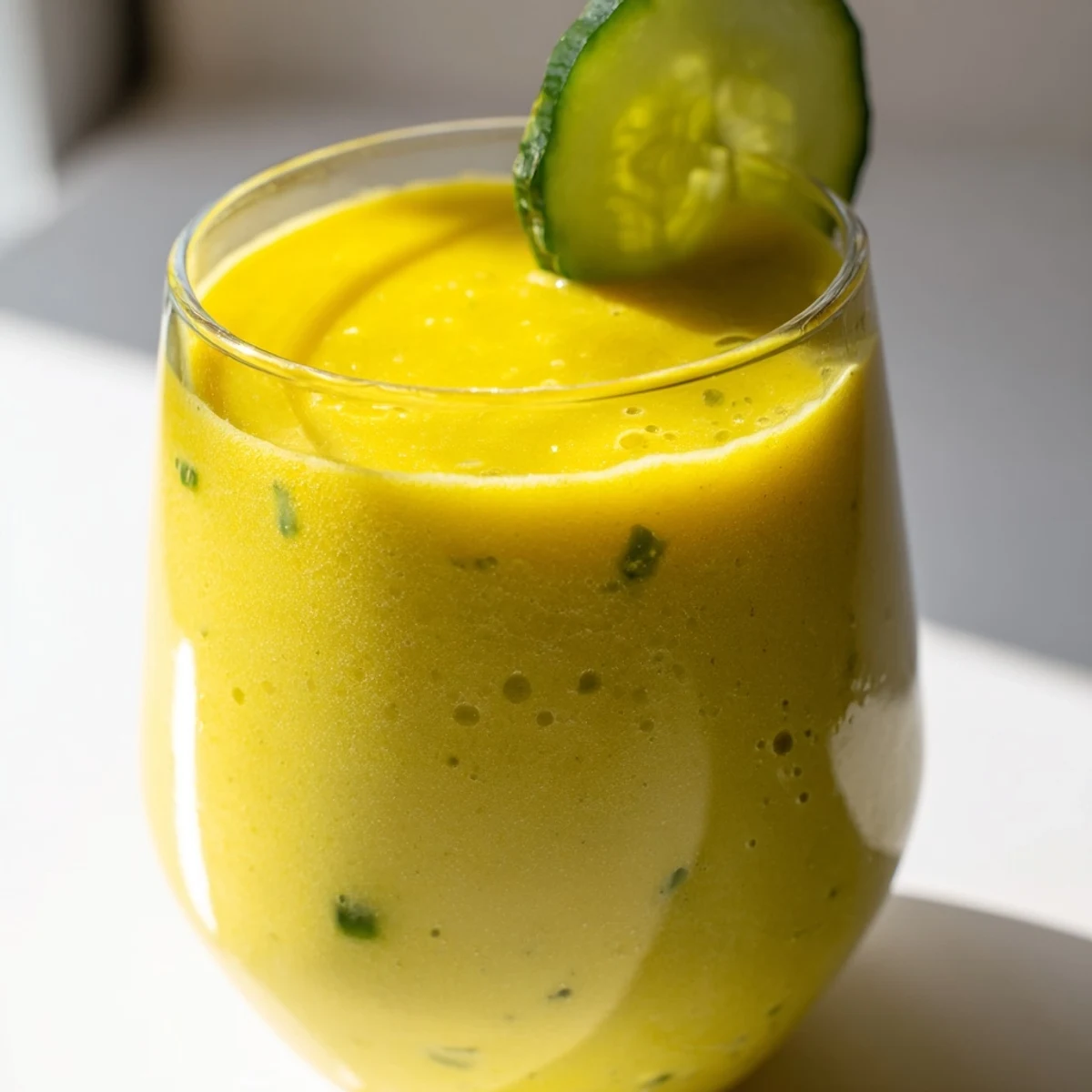 Tall glass of mango cucumber smoothie garnished with fresh mint and lime wedges