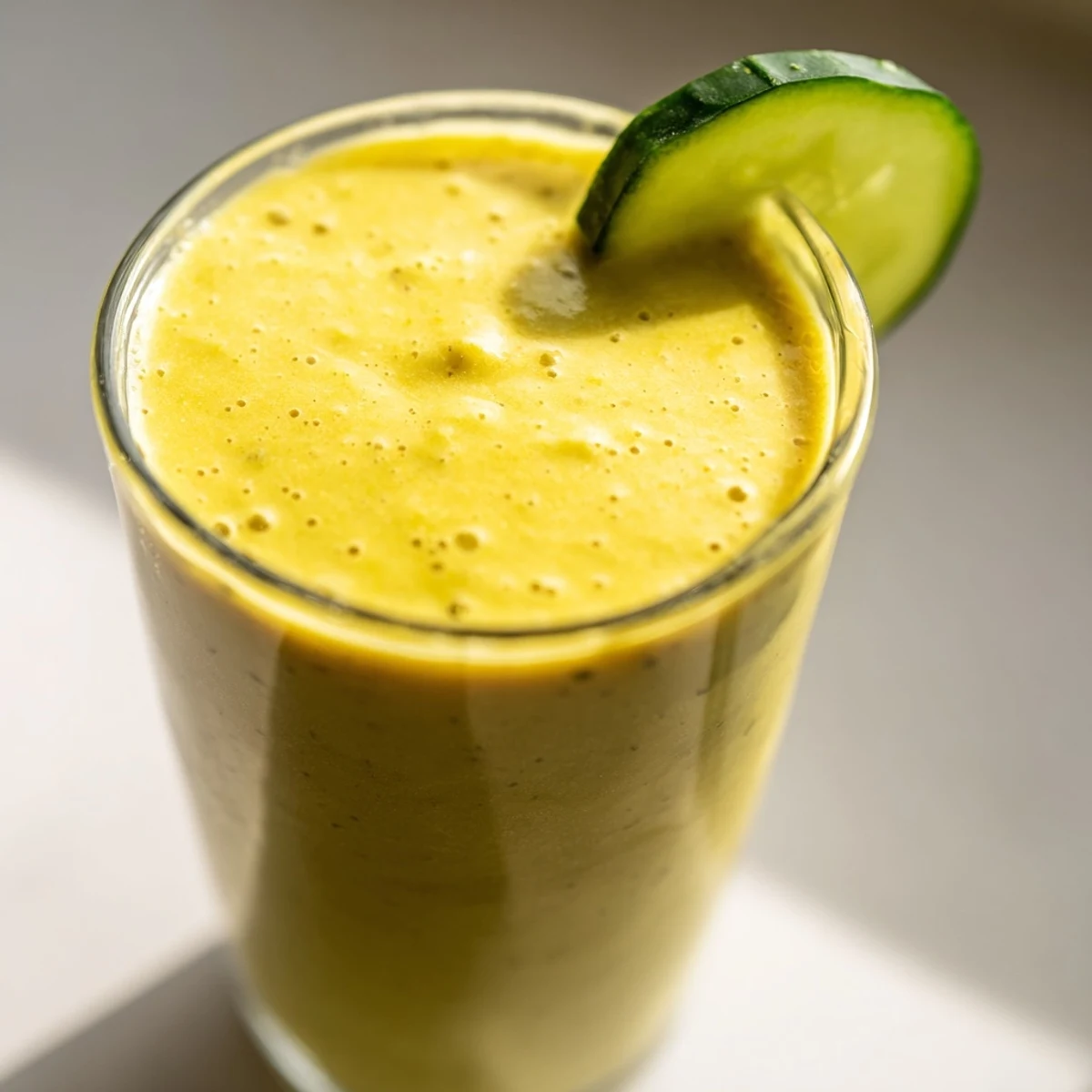 Thick and creamy mango cucumber smoothie topped with diced mango chunks and ice