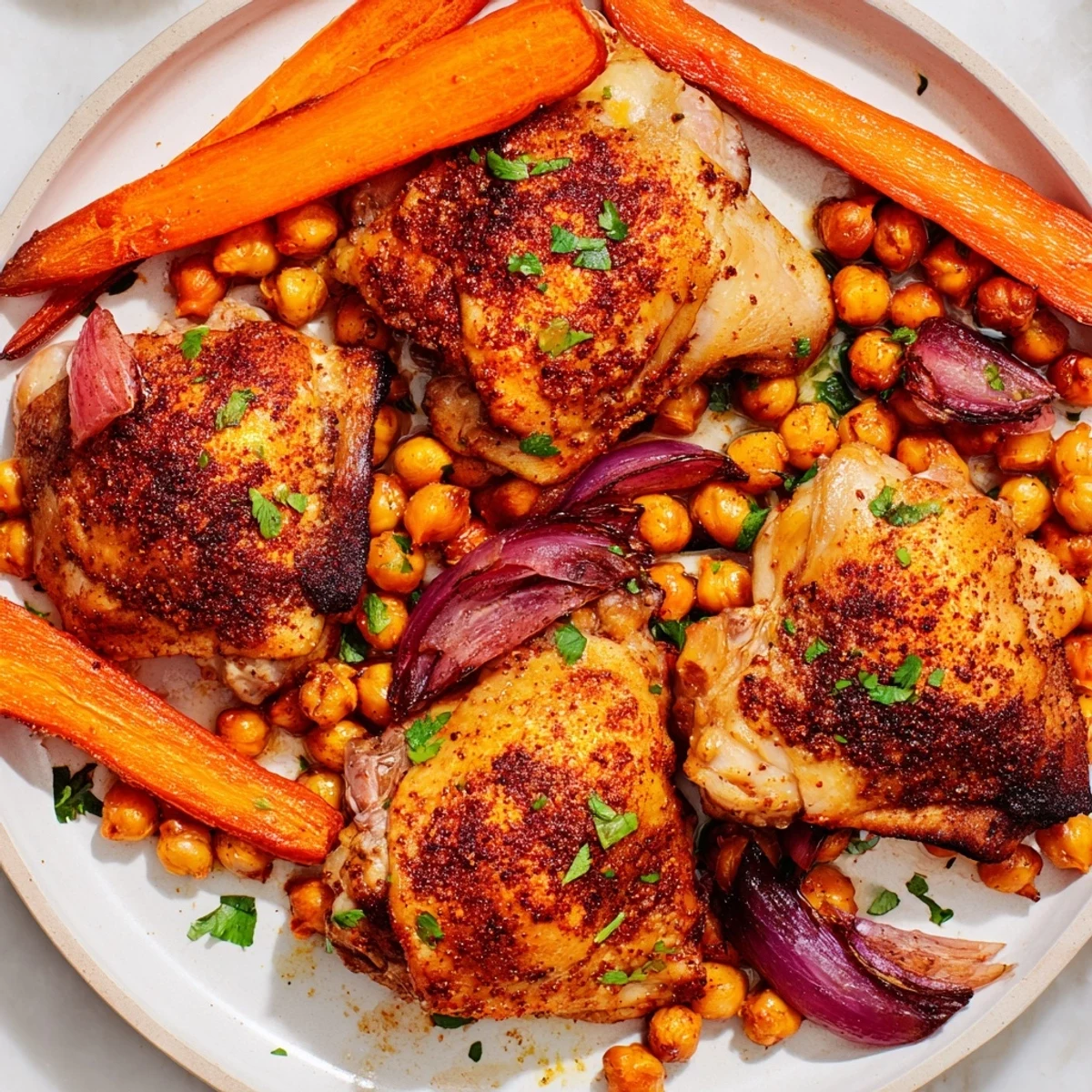 Tangy sumac chicken with carrots and chickpeas garnished with fresh parsley