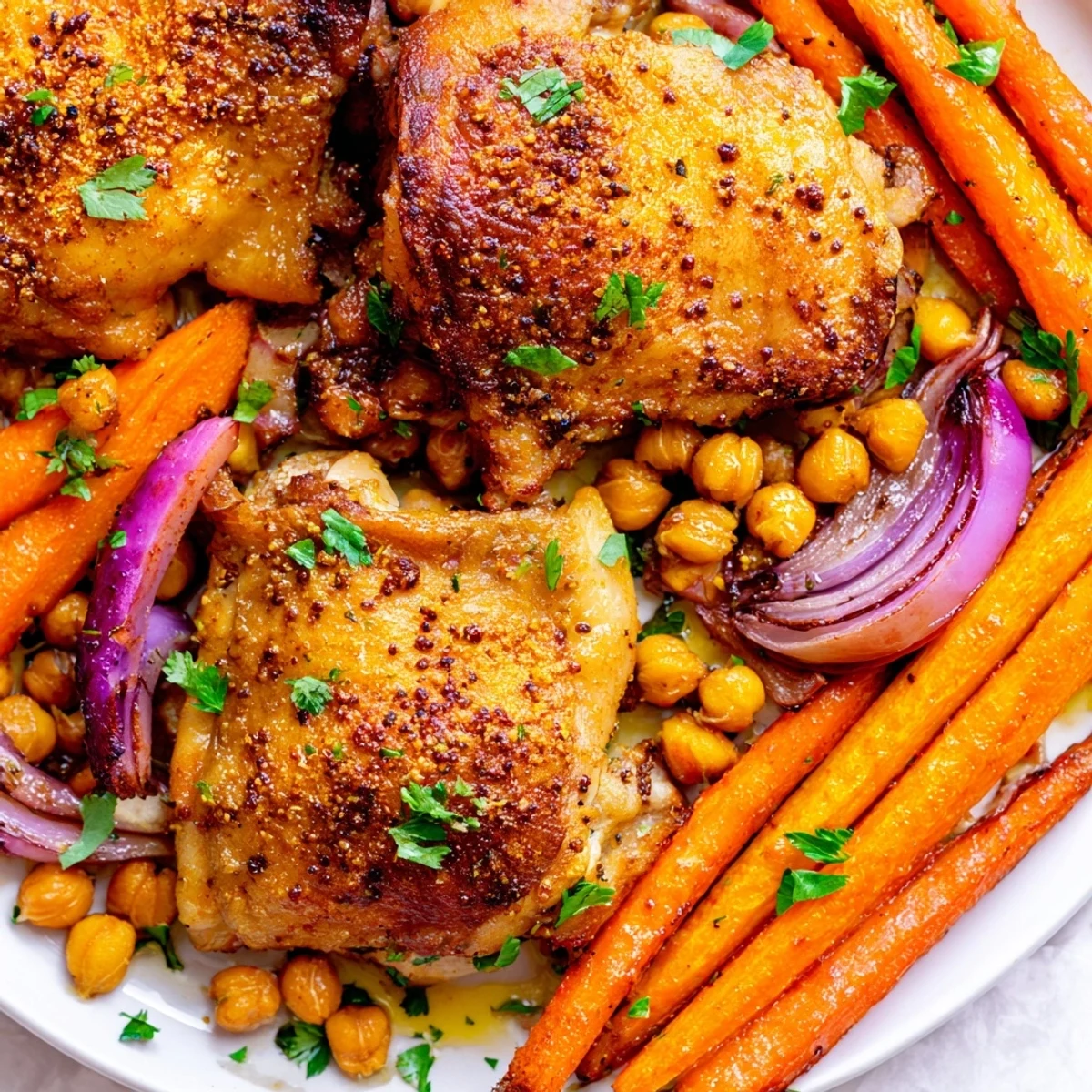 Golden sumac chicken with carrots and chickpeas roasted on a sheet pan