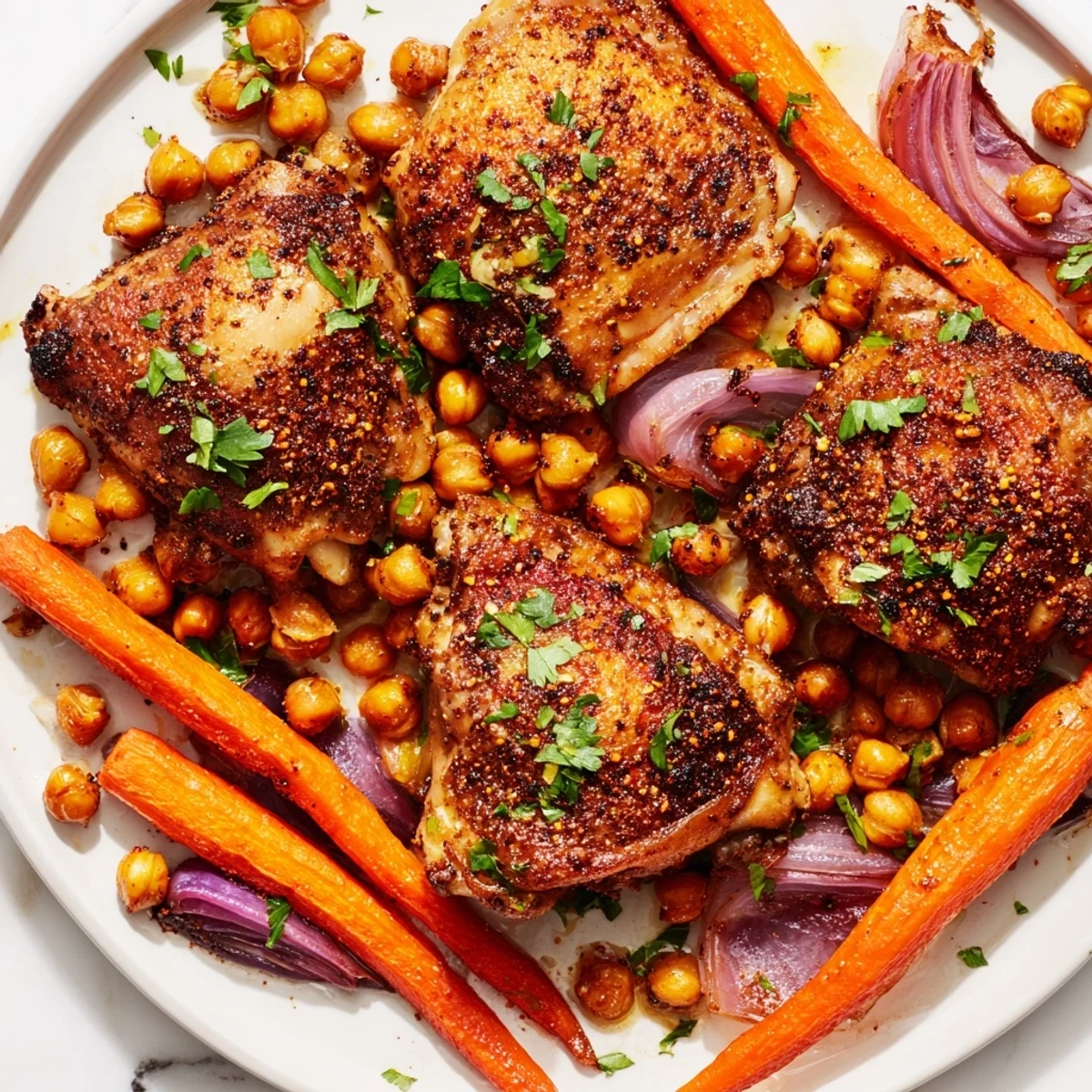 Crispy sumac chicken thighs served alongside tender roasted carrots and chickpeas