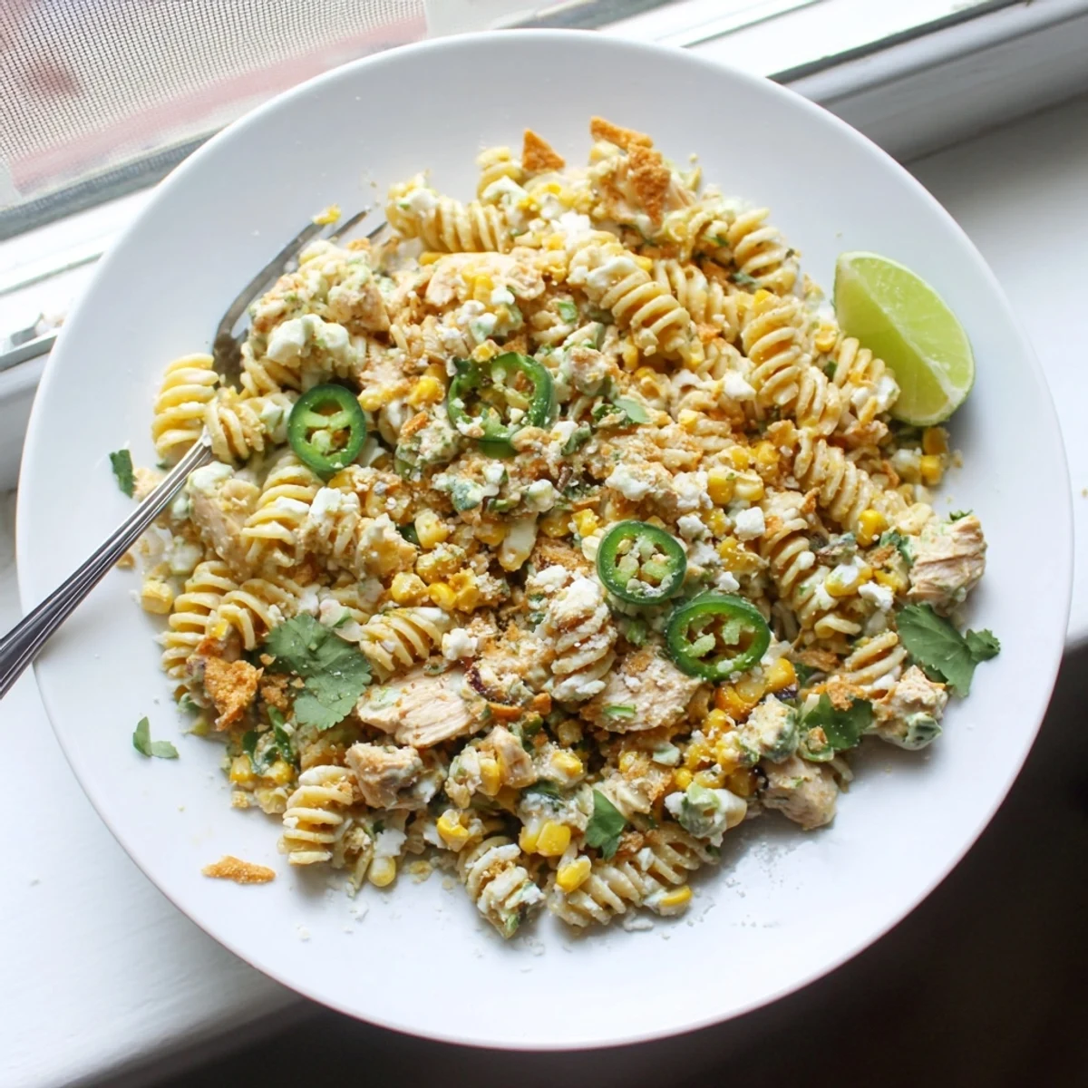 Creamy Mexican street corn chicken pasta salad topped with crunchy crushed tortilla chips and cotija cheese