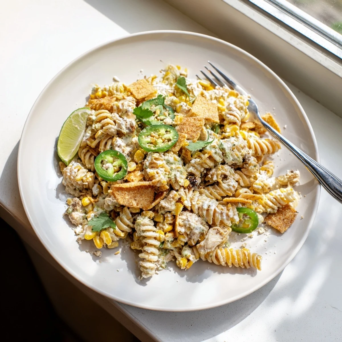 Vibrant elote style chicken pasta salad with charred corn, zesty lime dressing, and fresh cilantro garnish