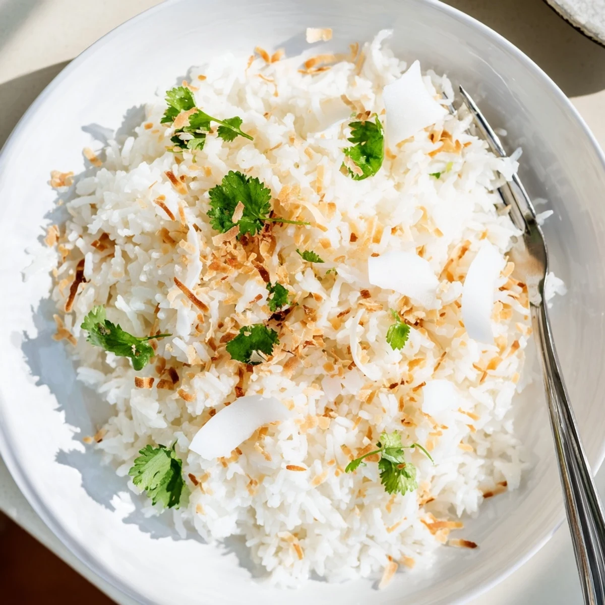 Creamy coconut rice topped with toasted coconut flakes and fresh cilantro