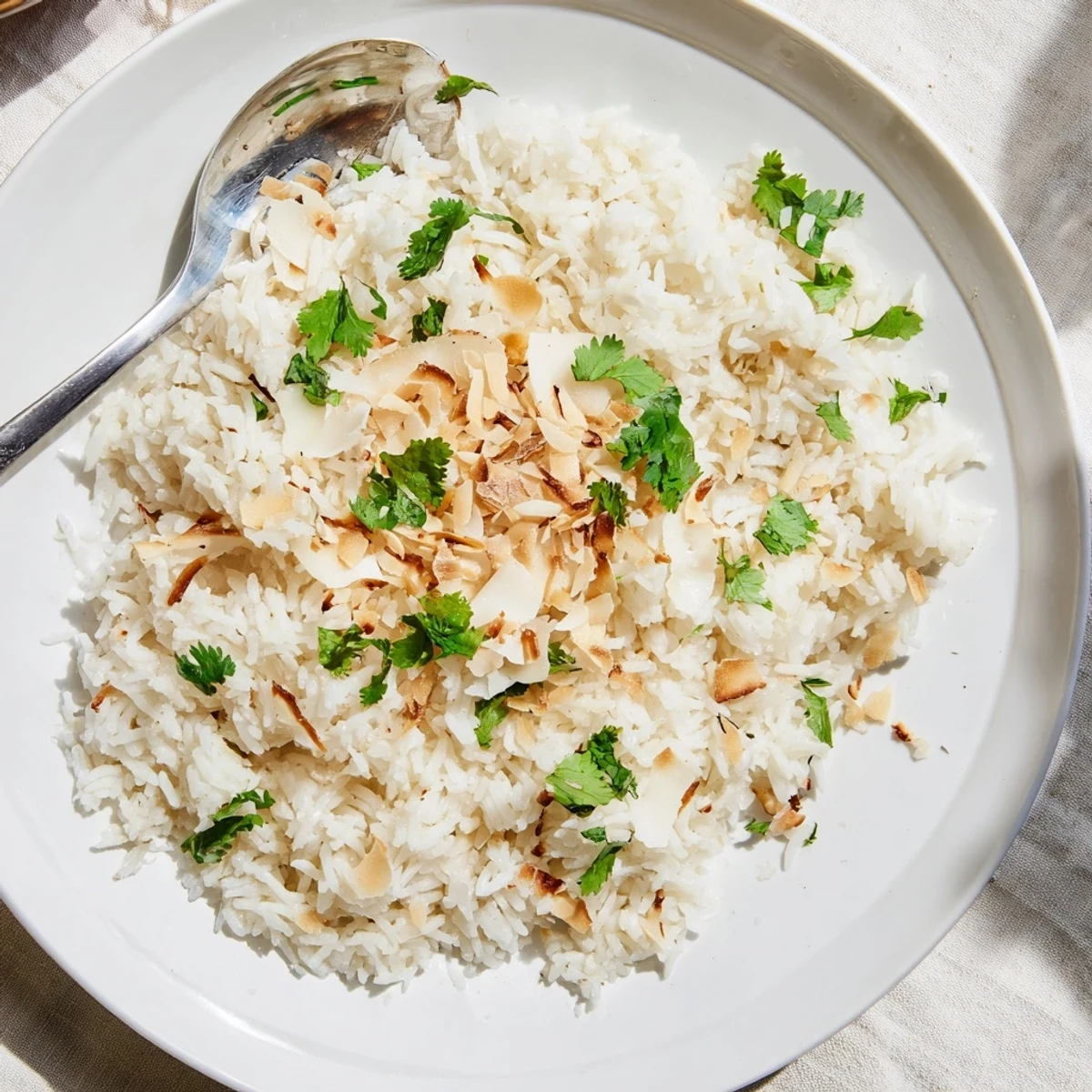 Fluffy coconut rice garnished with cilantro on a rustic wooden plate