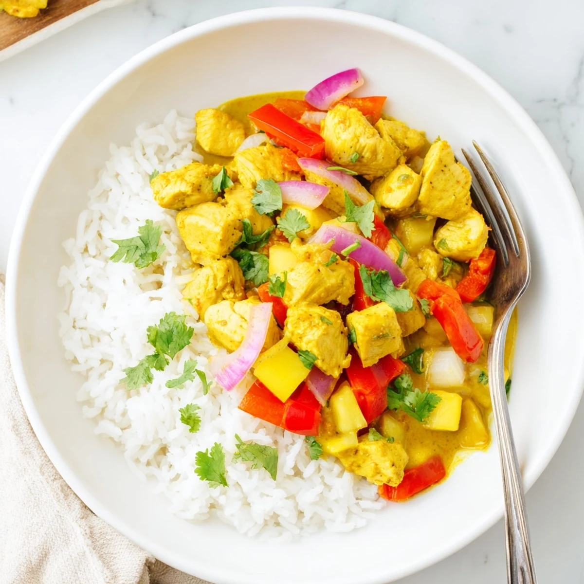 Colorful tropical dinner delight served over fluffy jasmine rice with fresh cilantro
