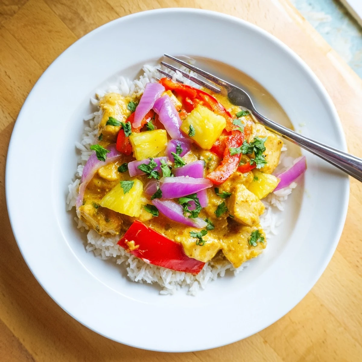 Creamy tropical dinner delight featuring tender chicken vibrant peppers and diced pineapple