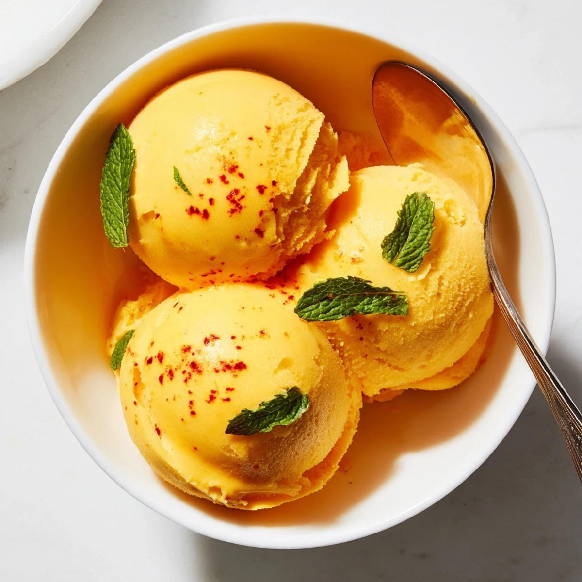 Smooth scoops of creamy chili lime mango sorbet glistening in bright golden hues