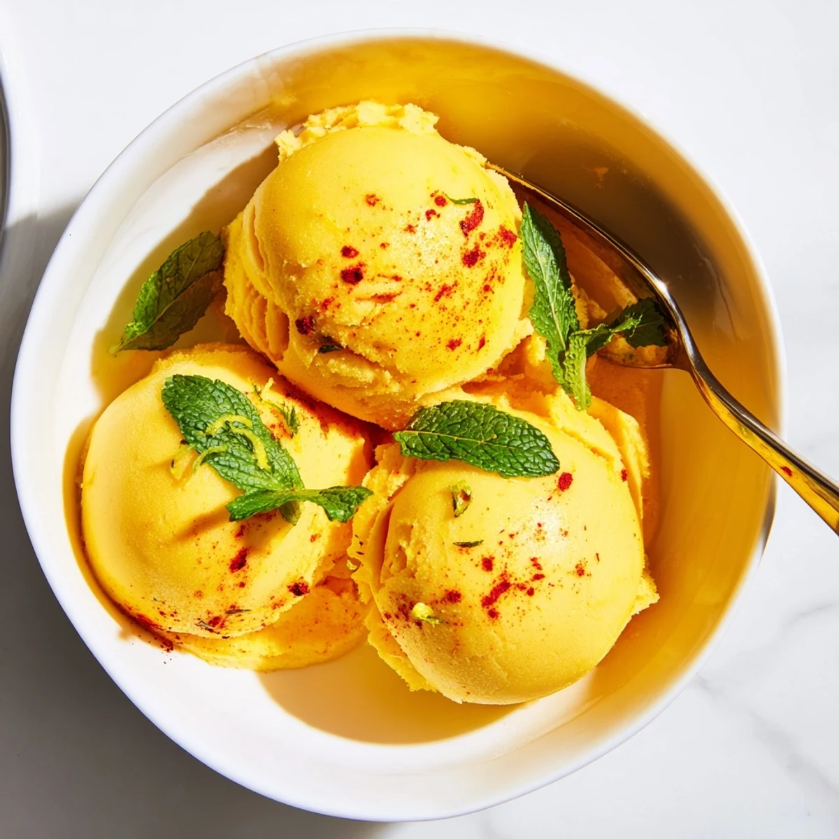 Golden creamy chili lime mango sorbet topped with fresh lime zest garnish