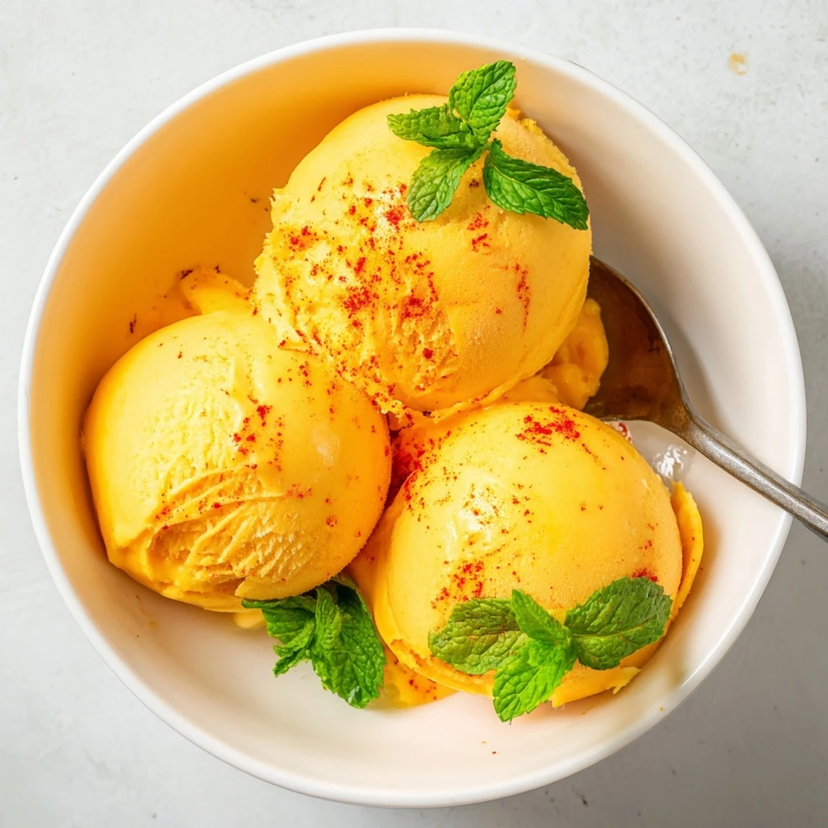 Vibrant orange creamy chili lime mango sorbet melting softly in a chilled bowl