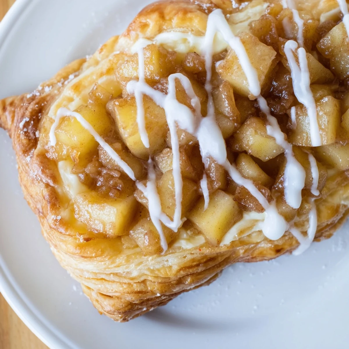 Warm apple cheese danishes topped with cinnamon-spiced apples and powdered sugar drizzle