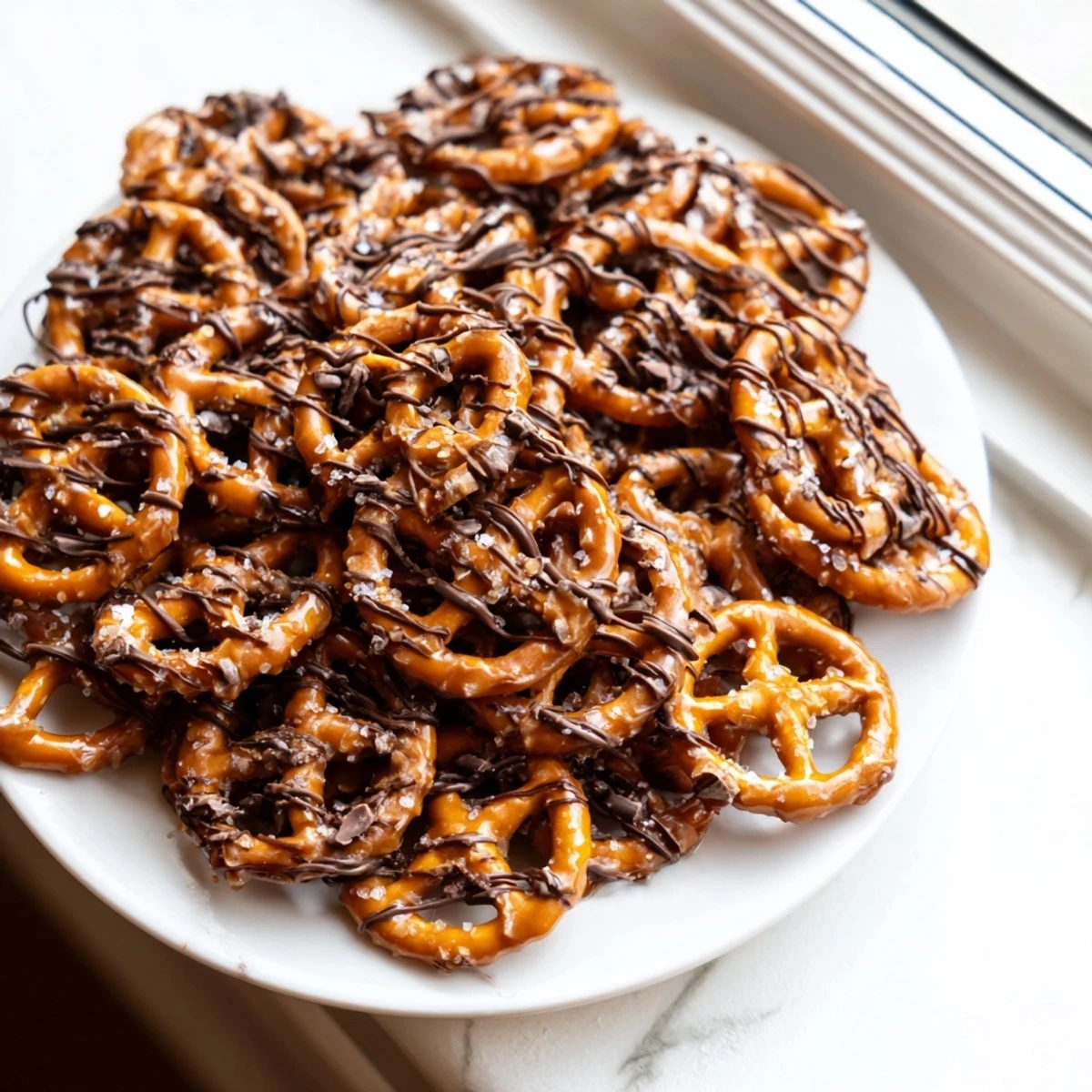 Crunchy butter toffee pretzels glistening with caramel coating and dark chocolate drizzle