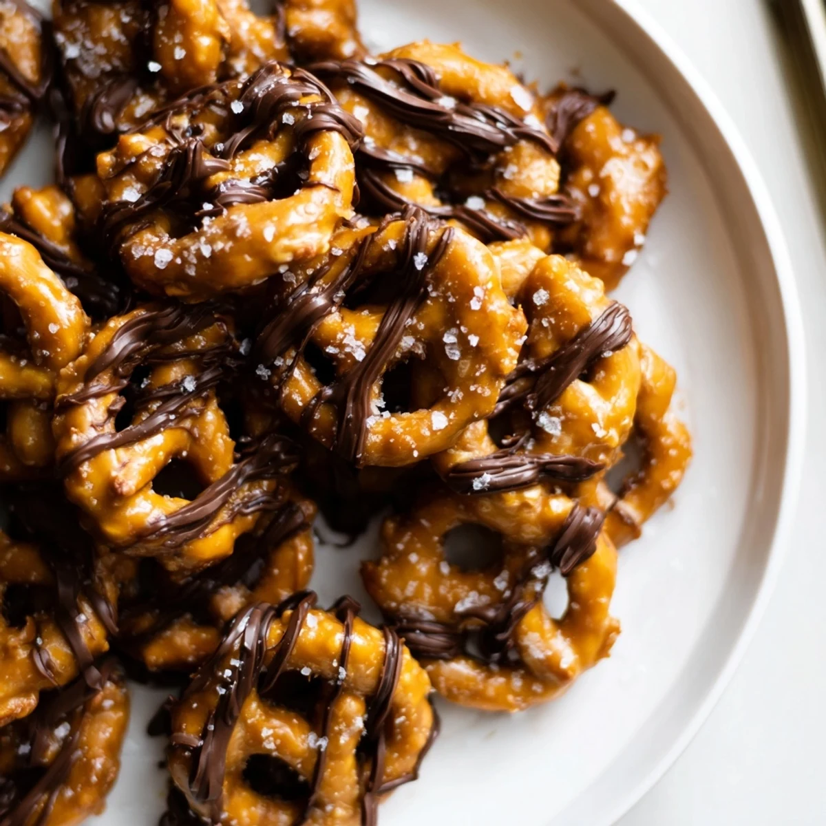 Golden butter toffee pretzels drizzled with rich chocolate on a parchment-lined baking sheet